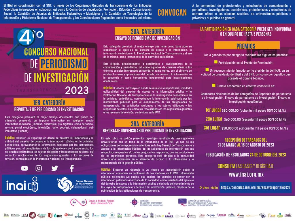 INAImexico's tweet photo. 🗞 ¡Ya disponible!
Convocamos a la comunidad de profesionales, estudiantes, investigadores, académicos y al público en general, a participar en el 4to Concurso Nacional de #PeriodismodeInvestigación2023.
Consulta➕información en: https://t.co/e43SMJI3Xp https://t.co/BIuVcCd5Gb