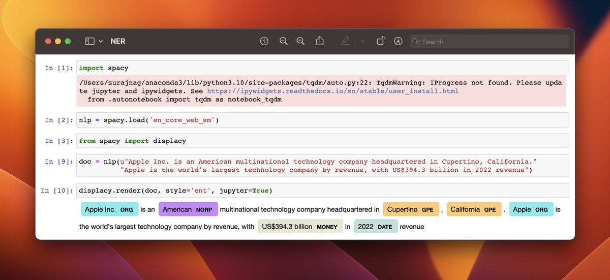 Day 5 of #66DaysofData in NLP: 📚 Just leveled up my skills in Part of Speech (POS) and Name Entity Recognition (NER)! Now I can tell you which word is a noun, verb, or adjective! 📝 Plus, I can spot those cool named entities like people, places, and organizations! #DataScience