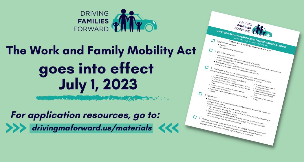 DrivingMA4ward's tweet photo. We have put together a document checklist handout, guides, and training materials in multiple languages that go through the @MassRMV's driver's license application process under the WFMA. For these resources, visit: https://t.co/3hRQ3tPC5m 📃
#DrivingMAForward #mapoli https://t.co/DkMItegbuw