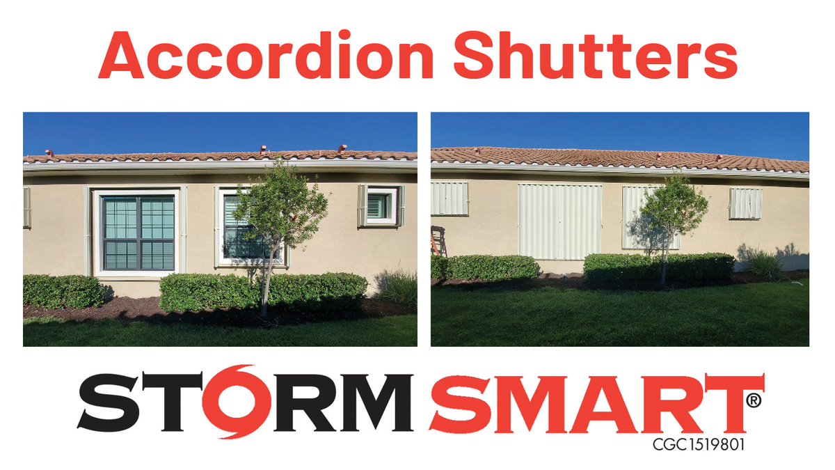 Storm Smart’s easy-to-operate accordion shutters will create security and protect your home. Learn the benefits of Storm Smart’s Accordion Hurricane Shutters at stormsmart.com/aluminum-shutt… #homeprotection #homesafety #swfl #tampafl #sarasotaflorida #freeconsultation #freeestimate