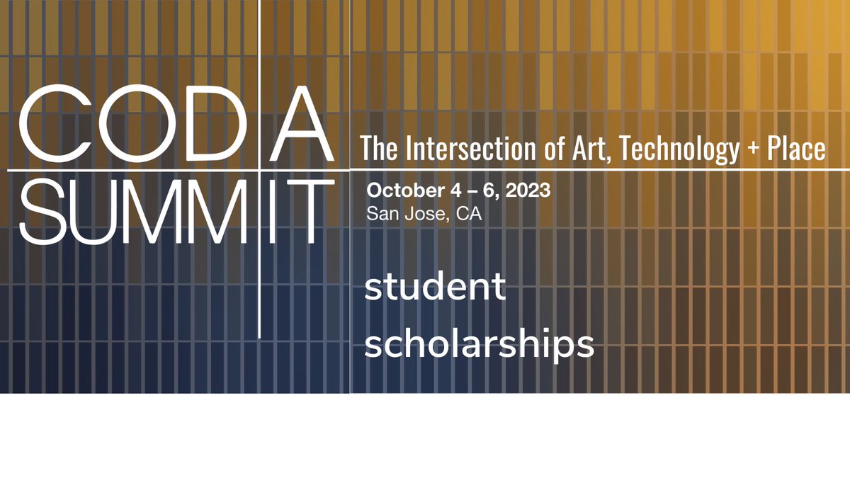 CODAworx's tweet photo. 2023 CODAsummit #studentscholarships, sponsored by @SNAdisplays &amp; juried by Dorothy Di Stefano of @moltenimmersive  are available! Applications are accepted through June 15, 2023. https://t.co/6znNO0O7Aw #artscholarship #artconference #artandtech #callforsubmissions https://t.co/1fKp9arz6A
