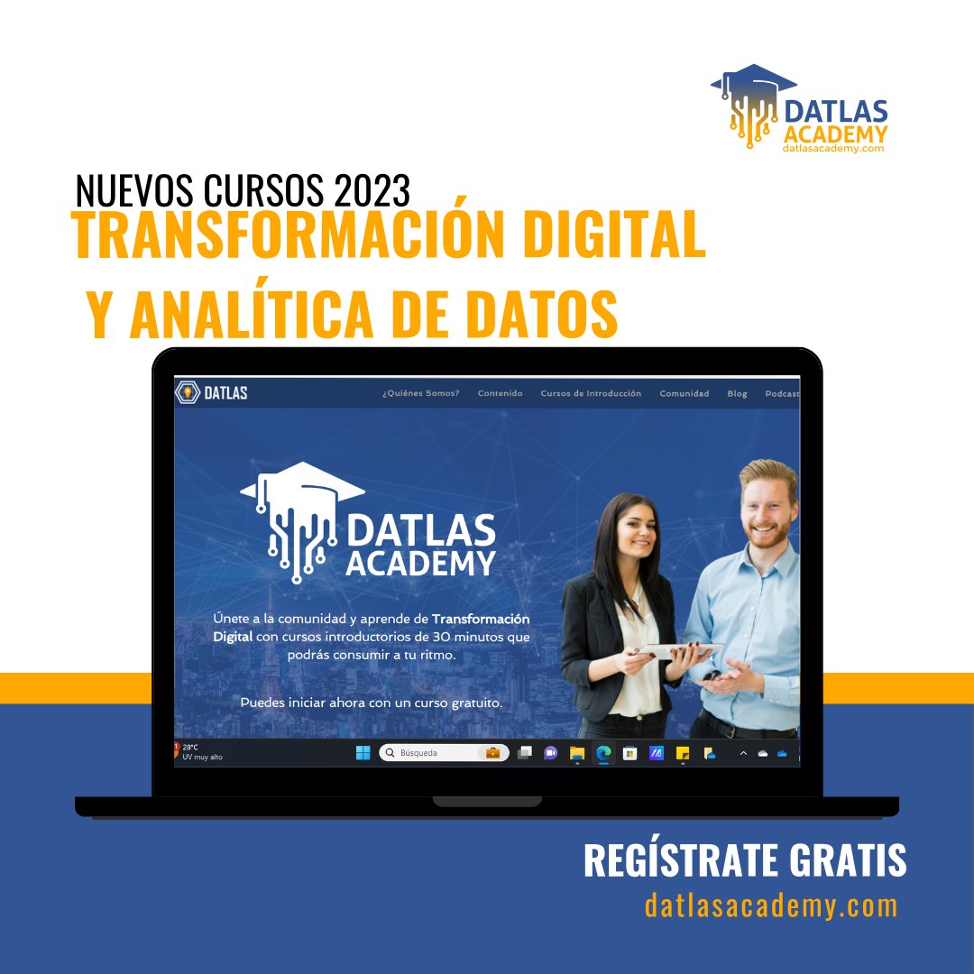 DatlasMX's tweet photo. ¿Buscas cursos introductorios de transformación digital o analítica de datos🎓? Regístrate GRATIS en https://t.co/XPJF0Uql4z 🧑💻y obtén 3 cursos gratuitos y sé de los primeros en tener acceso a los 6 nuevos cursos de este segundo semestre del 2023 🤓
#academy #datlas https://t.co/w740hD5IC0