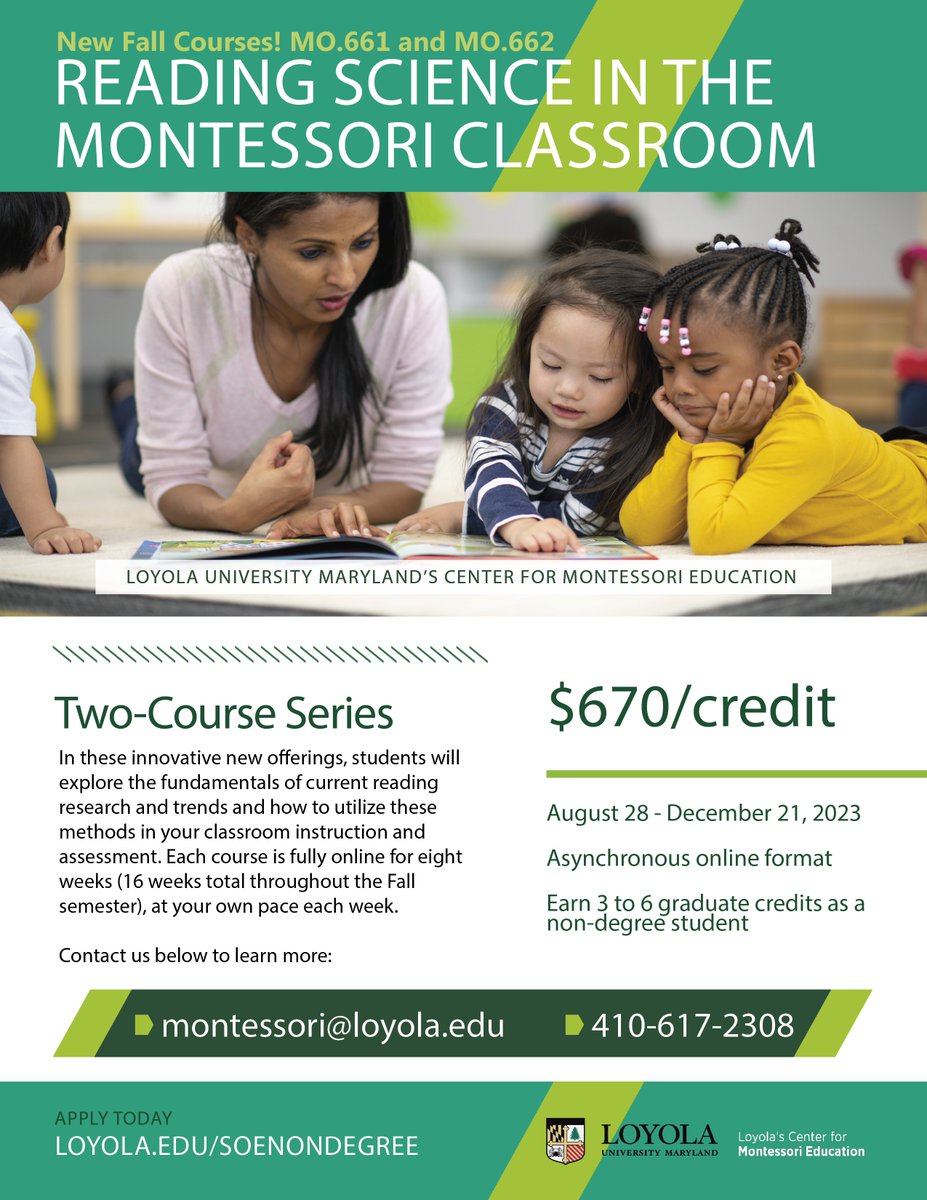 We are excited to announce these new reading courses for Montessori practitioners starting this Fall! Apply as a non-degree student and take one or both courses. Reach us at montessori@loyola.edu for more information or to begin your application!