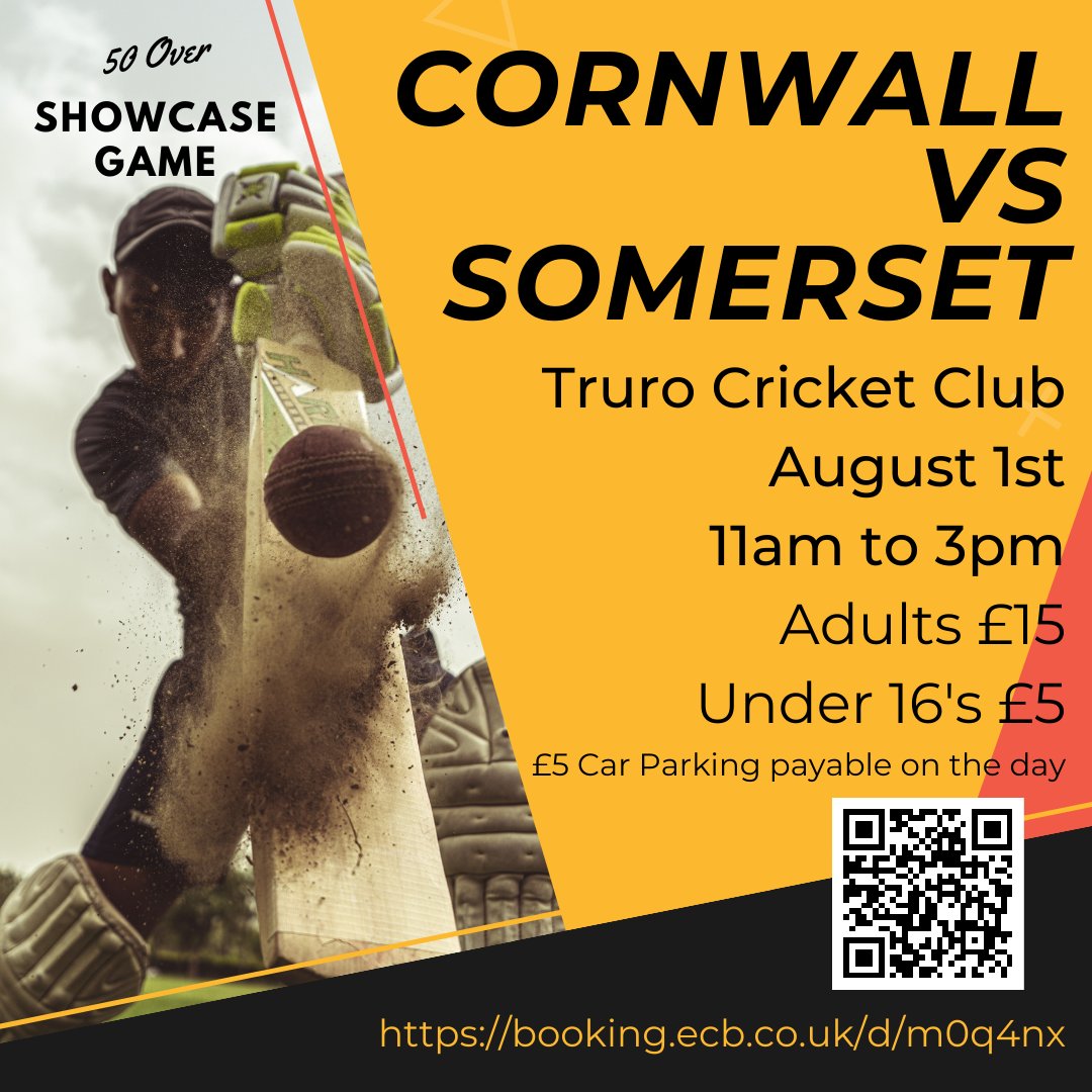 Somerset CCC are visiting Truro CC to play a 50 over match against Cornwall CCC on Tuesday 1st August. 11am start - 50 overs. Adults - £15,  U16s - £5, Car Parking - £5 per car to be paid on the day on arrival.

To book visit booking.ecb.co.uk/d/m0q4nx