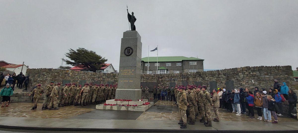 FIGEducation's tweet photo. Falkland Islands Schools joined 2nd &amp; 3rd Battalions @TheParachuteReg serving under B Company 3 PARA, alongside Falklands Veterans, members of @BFSouthAtlantic &amp; FIDF for the last half mile of their march from Port San Carlos to Stanley today. We will remember them. #FalklandsGov https://t.co/kdDTMkP5y3
