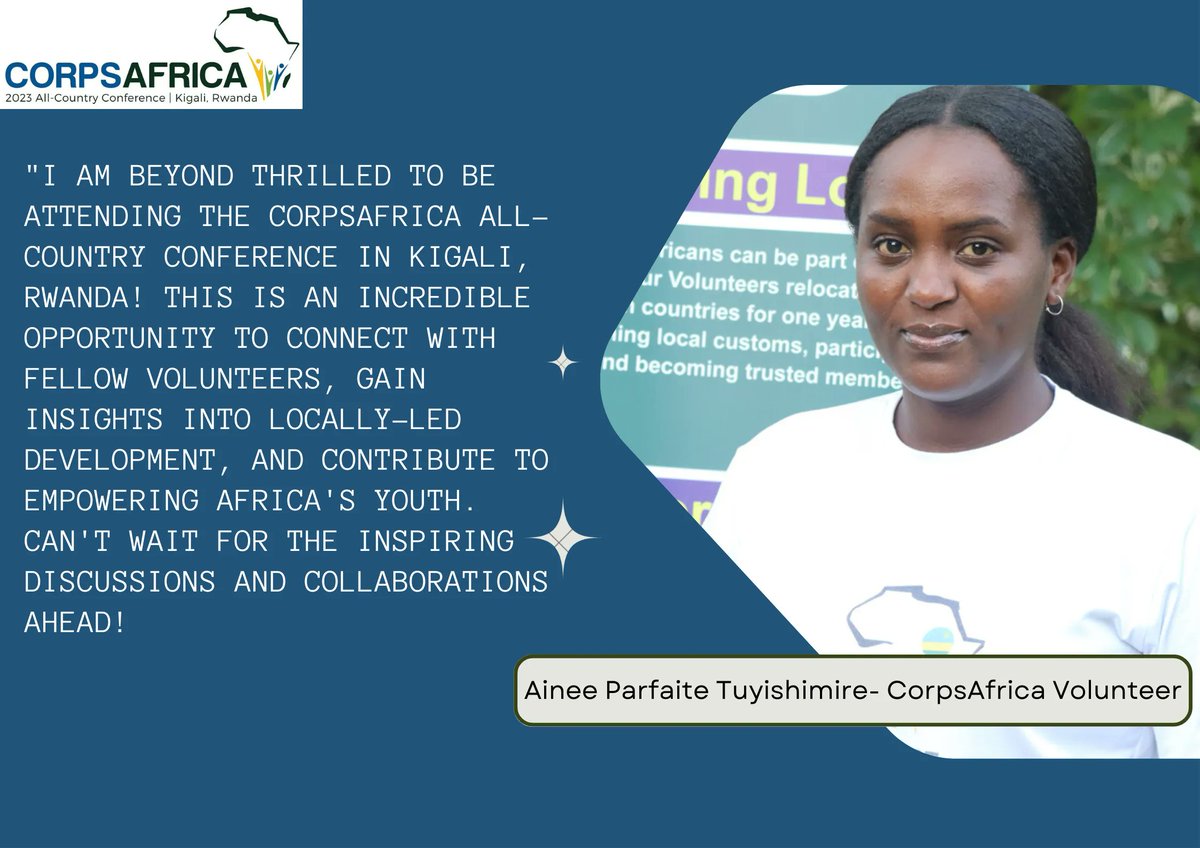 As we count down the days to the CorpsAfrica All-Country Conference 2023! 

Here is what our Volunteers have to say about it!

#ACC2023 #
#ThisisCorpsAfrica2023 
#AllCountryConferenceRwanda2023 
#AfricanVolunteersAfricanDevelopment
#SustainableChange