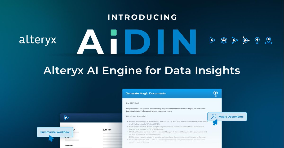 We are supercharging analytics democratization with Alteryx AiDIN! AiDIN is the industry’s first engine that combines the power of AI, ML, and generative #AI with the Alteryx Analytics Cloud Platform to accelerate analytics efficiency and productivity.

ow.ly/R2aE104K0wx