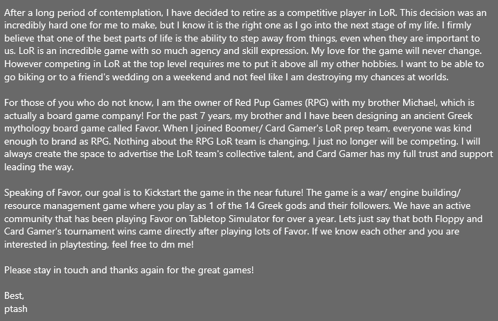 Retiring as a competitive LoR player + Next steps with Favor