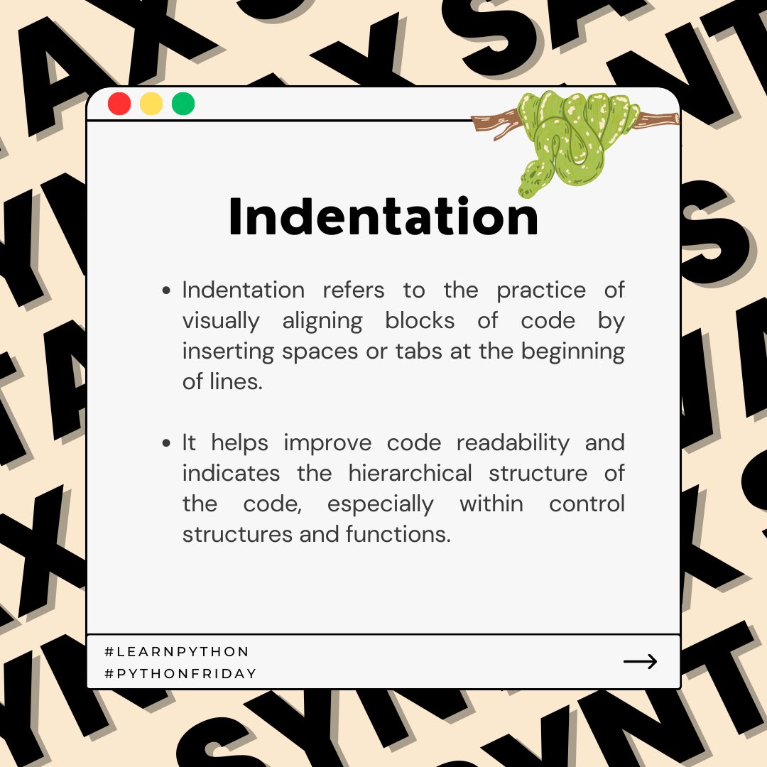 SyntaxSavants's tweet image. #PythonFriday #ProgrammingTerminology #CodeBasics #Syntax #Variables #DataTypes #ControlStructures #Functions #Indentation #Algorithms #Debugging #Comments #CodingCommunity