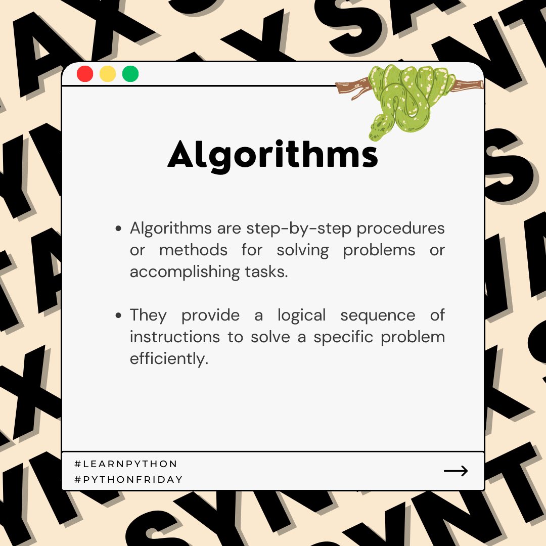 SyntaxSavants's tweet image. #PythonFriday #ProgrammingTerminology #CodeBasics #Syntax #Variables #DataTypes #ControlStructures #Functions #Indentation #Algorithms #Debugging #Comments #CodingCommunity