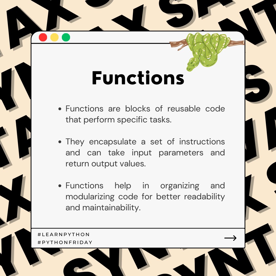 SyntaxSavants's tweet image. #PythonFriday #ProgrammingTerminology #CodeBasics #Syntax #Variables #DataTypes #ControlStructures #Functions #Indentation #Algorithms #Debugging #Comments #CodingCommunity