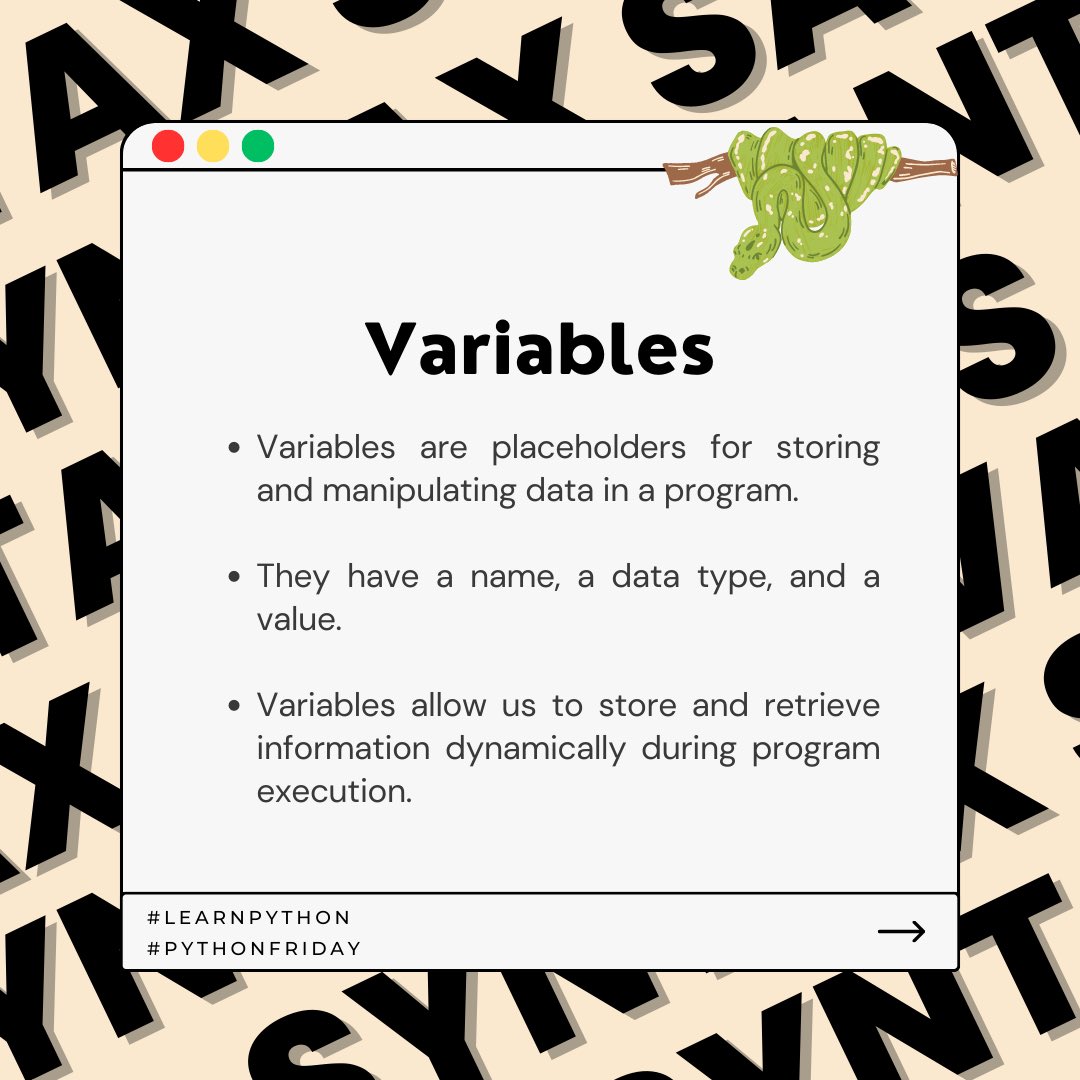 SyntaxSavants's tweet image. In the world of programming, there are several essential terms and concepts that form the building blocks of writing and understanding code. Let's explore some key programming terminology
#CodingBeginner #SyntaxSavants #LearningToCode #ProgrammingJourney #learn #LearnPython