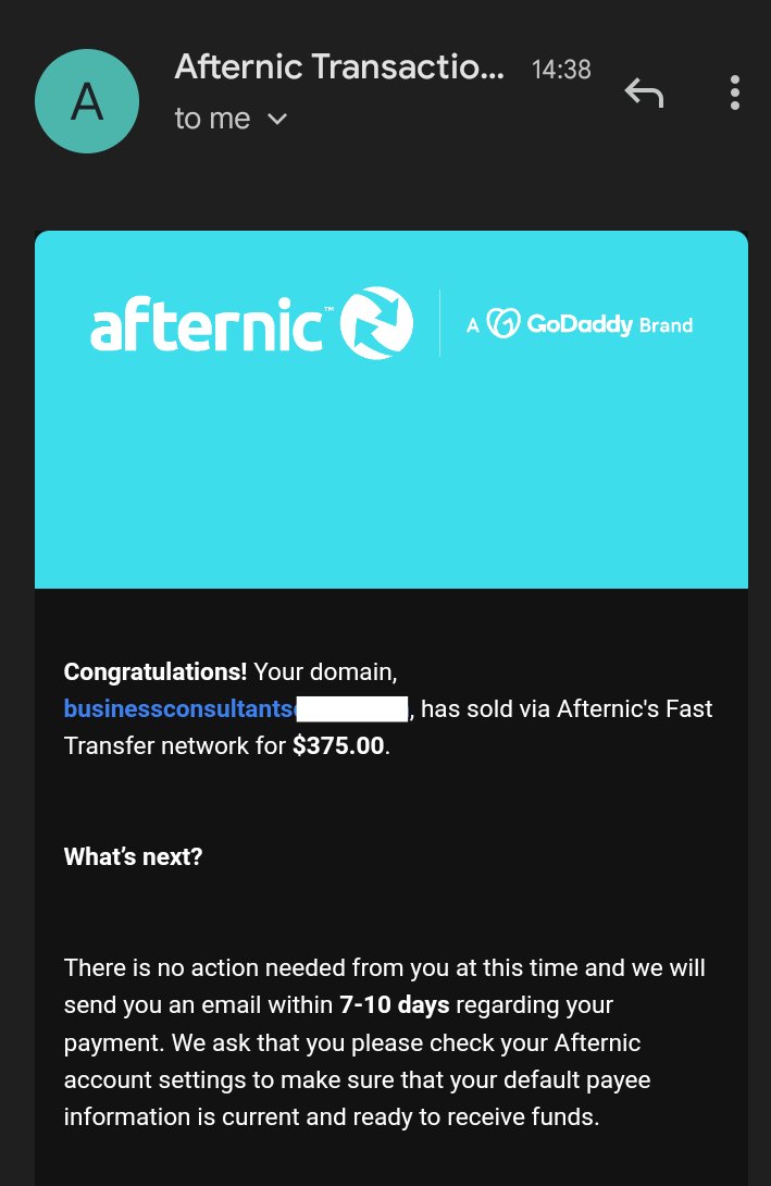 June has begun with good news! 

BusinessConsultants ____.com has sold via Fast Transfer! at BIN price $375 .

Thank you @afternic 

And Congrats to the buyer🙏