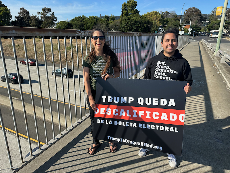 IndivisibleEB's tweet photo. Traitors don't get to run for office. We got the word out to hundreds of drivers and passersby. Tell @CASOSVote that #TrumpIsDisqualified! #14Point3 #CA14Point3 #14thAmendment #Insurrectionist  https://t.co/CeYaM4hjxT https://t.co/UfIKVSYD2T