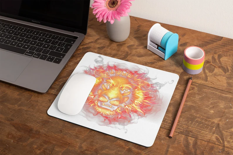 Flaming Lion Mousepad, Stain Resistant #JnJGiftsnCrafts #giftsforalloccasions #flaminglionmousepad #stainresistant #easytocleanmousepad #highdensityneoprene #unisexgiftidea #shopsmallonline  bit.ly/3WXxroS