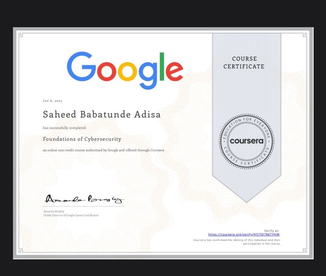 Excited to announce completing the first chapter of the Google Cybersecurity Professional Certificate Course! 
 Grateful to Google for this engaging course. Stay tuned for more updates as I dive into the next chapters! #Cybersecurity #GoogleCertification #LearningJourney