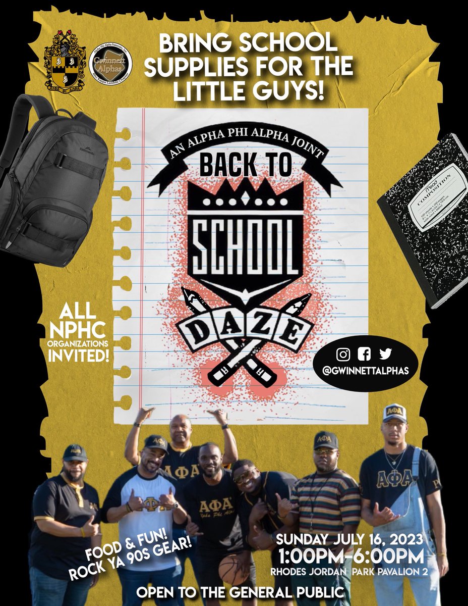 Join RKL as we host our Annual Back to School Drive. It's open to the public & we are accepting school supply donations! Meet the RKL Neos & enjoy some food, fun, & games! Don’t forget to rock your 90’s gear 🤙🏿#AlphaPhiAlpha #GwinnettAlphas #BACKTOSCHOOLDAZE #BeTheStandard