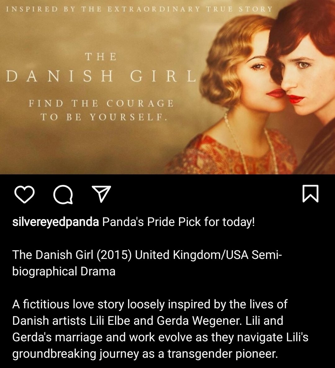 Panda's Pride Pick for today!

The Danish Girl (2015)

#pandaspridepick #Pride #thedanishgirl #LGBTQIA