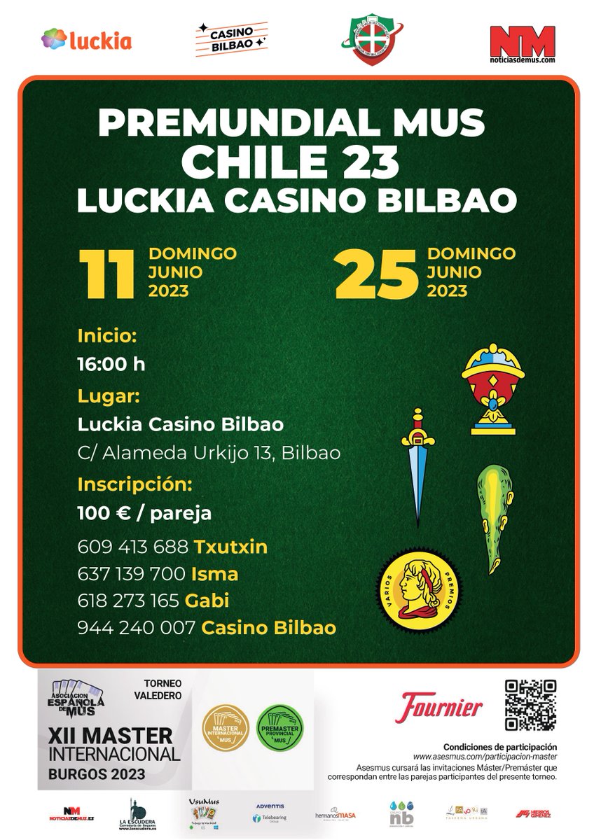 #mastermus Premundial Chile 23 Luckia Casino Bilbao, desde Mañana 11 de junio en Bilbao asesmus.com/torneos/?m=0&c…