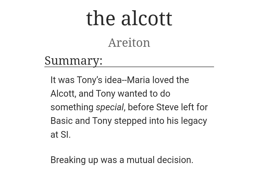 🌟🌟New Fic🌟🌟
the alcott - stevetony - they meet, sometimes, still, at the Alcott. 
archiveofourown.org/works/47767216