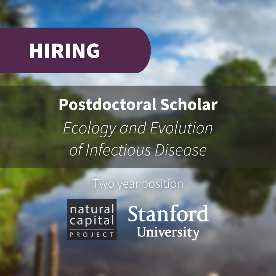 Natural Capital Project (@natcapproject) on Twitter photo 📣 We're Hiring! 📣
Looking for a #postdoc in #Ecology and Evolution of Infectious Diseases. Investigate the effects of land use change on vector-borne disease <a href="/Stanford/">Stanford University</a> using field data from Madre de Dios, Peru.
🌱 FY24 min. $71,650
🌱 Apply: stanford.io/3qoK14n 📣 We're Hiring! 📣
Looking for a #postdoc in #Ecology and Evolution of Infectious Diseases. Investigate the effects of land use change on vector-borne disease <a href="/Stanford/">Stanford University</a> using field data from Madre de Dios, Peru.
🌱 FY24 min. $71,650
🌱 Apply: stanford.io/3qoK14n