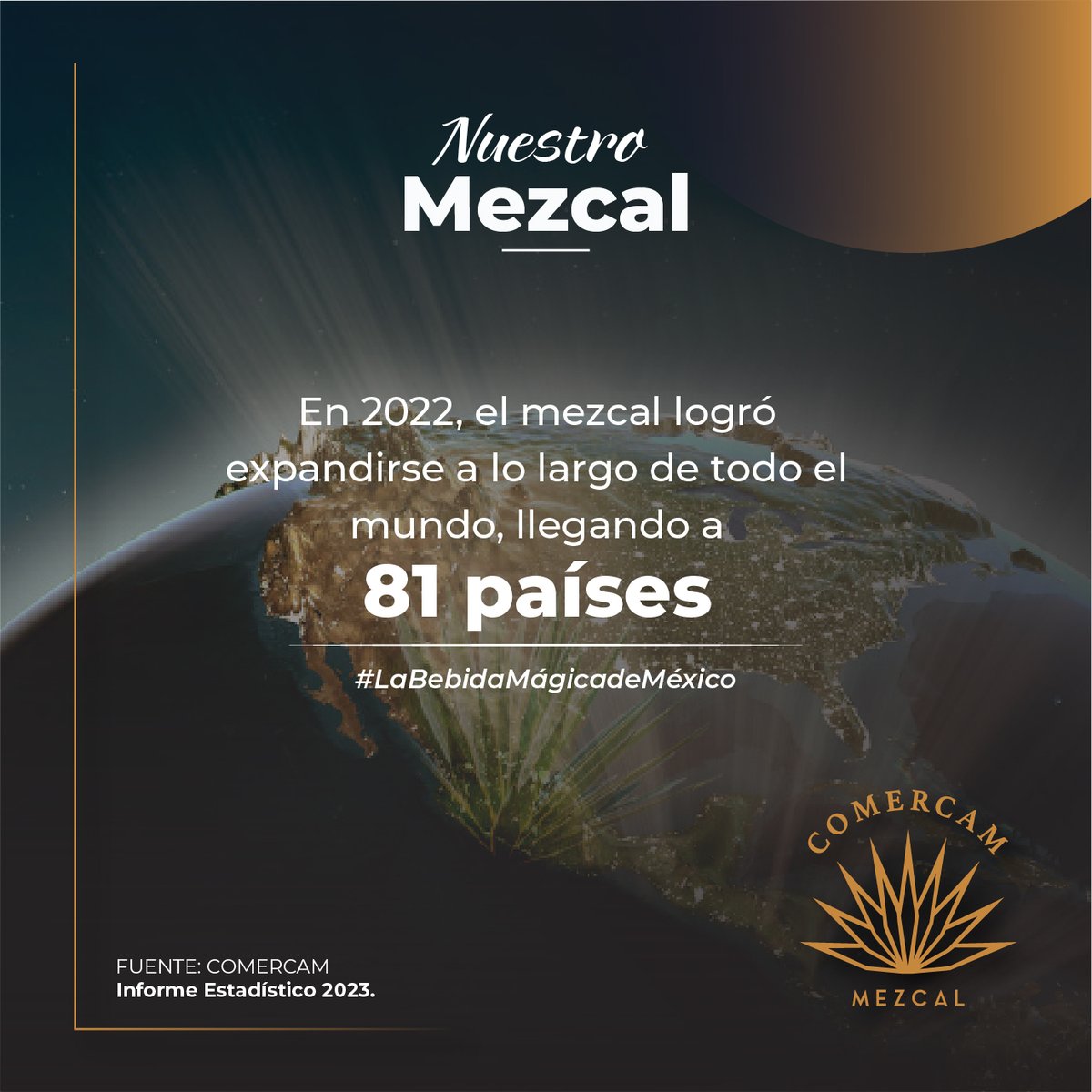 NUESTRO MEZCAL
El mezcal ha experimentado un notable crecimiento en popularidad a nivel mundial. Hoy en día, se encuentra presente en 81 países alrededor del mundo.
Informe 2023
comercam-dom.org.mx/estadisticas/

#NuestroMezcal #COMERCAM #Indicadores #Estadísticas #Oaxaca #México #Mezcal