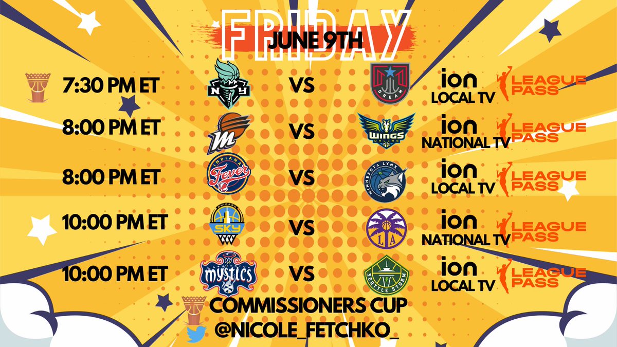 Friday night WNBA games on ION TV! 🏀

Full breakdown below ⬇️

Which matchups are you most excited for? 🤩

@IONWNBA #wnbatwitter #LightItUpNYL #DoItForTheDream #ValleyTogether #DallasWings #IndianaFever #CantTameUs #SkyTown #LetsGoSparks #BallOnOurTerms #TakeCover