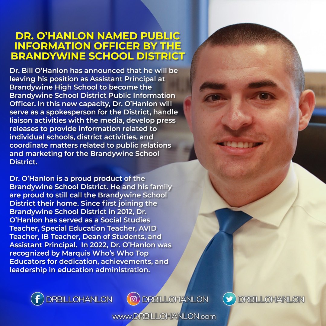 I am going to miss my Brandywine High School family. However, I am excited to work and help continue to make the Brandywine School District 16 great schools and 1 strong community. <a href="/BrandywineHigh/">Brandywine High School</a> <a href="/BSDk12/">Brandywine School District</a>