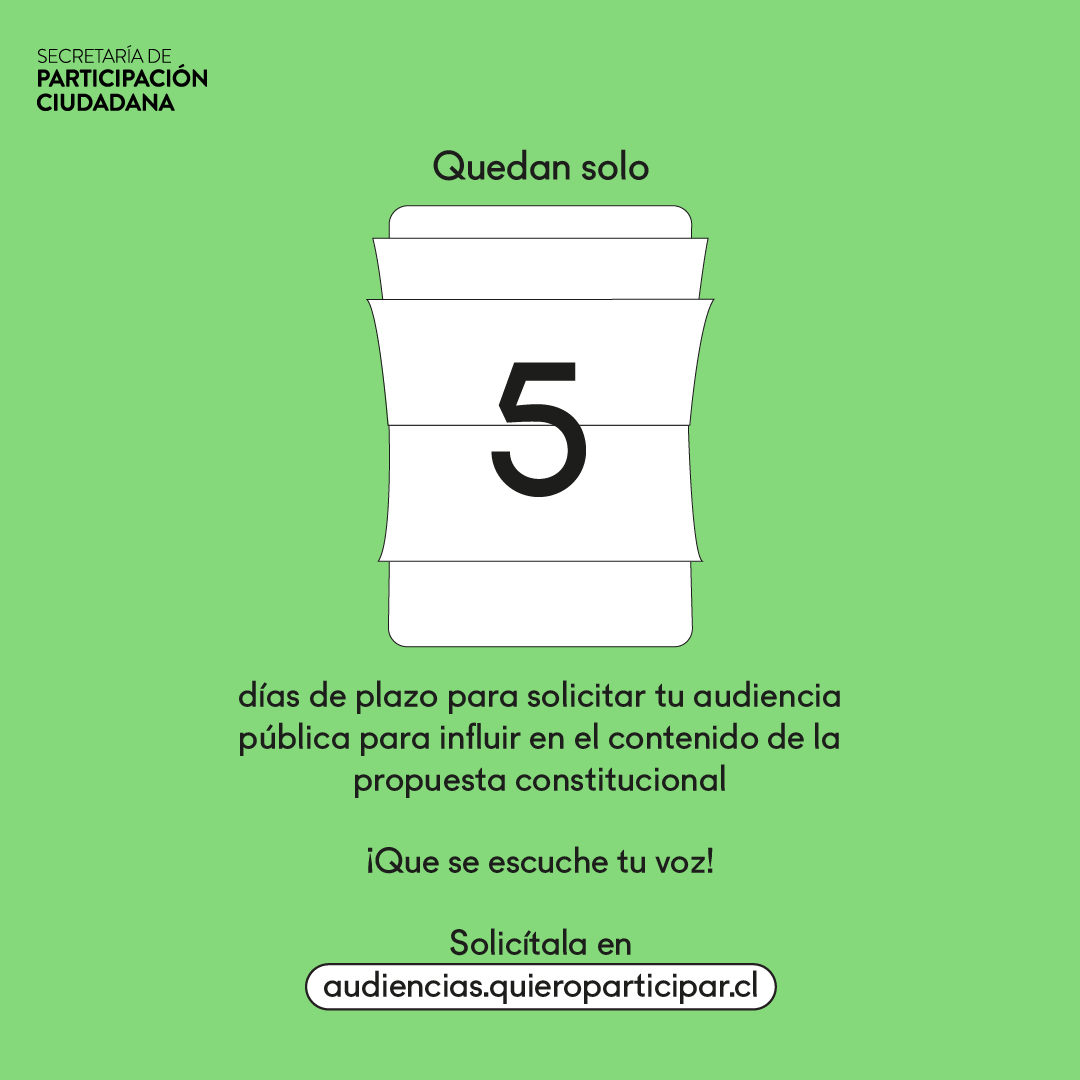😮 ¿Cuánto? 5 días?! Así es, en 5 días termina el plazo para inscribir Audiencias Públicas en audiencias.quieroparticipar.cl 📲

¡Que tu voz no quede fuera! Porque si estamos tod🫰s, será de tod👍s.