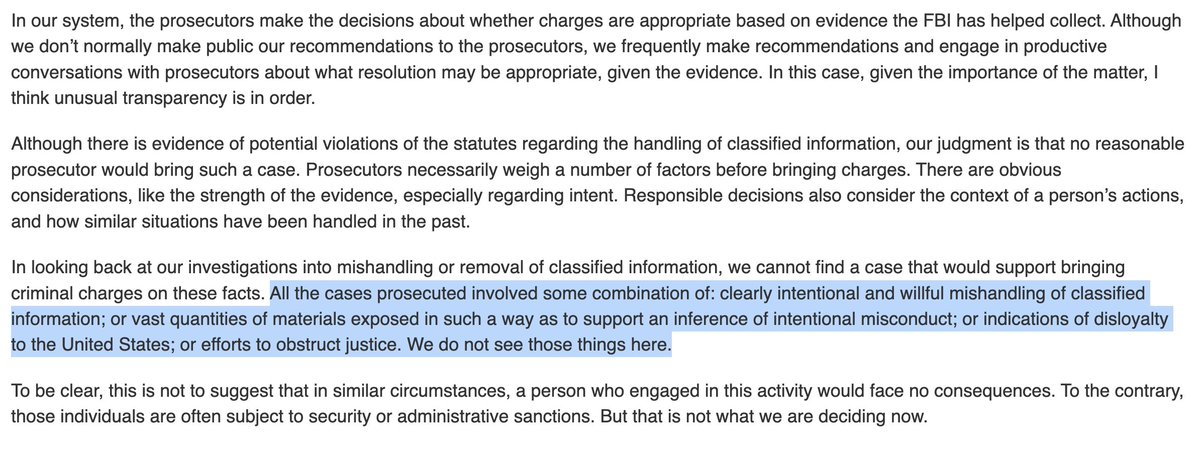 Remarkable looking back at James Comey's explanation for why he didn't recommend charging Hillary Clinton over classified info misuse. He lays out 4 conditions, at least one of which needs to be met, to prosecute. 3 out of 4 may be operable in Trump's case.