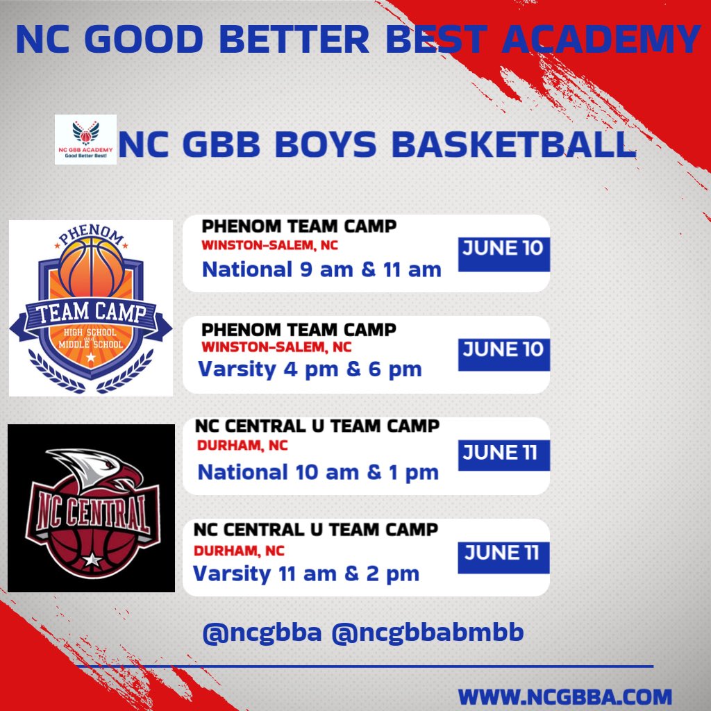 NCGBB Basketball 🦅 (@ncgbbambb) on Twitter photo NC GBB National & Varsity Boys at Phenom & NCCU Team Camps this weekend!
<a href="/Phenom_Hoops/">Phenom Hoop Report</a> 6/10
9a Nat vs Chambers
11a Nat vs Northwood
4p Var vs Blythewood
6p Var vs Lincoln Charter
<a href="/NCCU_MBB/">NCCU Men's Basketball</a> 6/11
10a Nat vs Enloe
11a Var vs New Garden
1p Nat vs New Garden
2p Var vs Garner NC GBB National & Varsity Boys at Phenom & NCCU Team Camps this weekend!
<a href="/Phenom_Hoops/">Phenom Hoop Report</a> 6/10
9a Nat vs Chambers
11a Nat vs Northwood
4p Var vs Blythewood
6p Var vs Lincoln Charter
<a href="/NCCU_MBB/">NCCU Men's Basketball</a> 6/11
10a Nat vs Enloe
11a Var vs New Garden
1p Nat vs New Garden
2p Var vs Garner