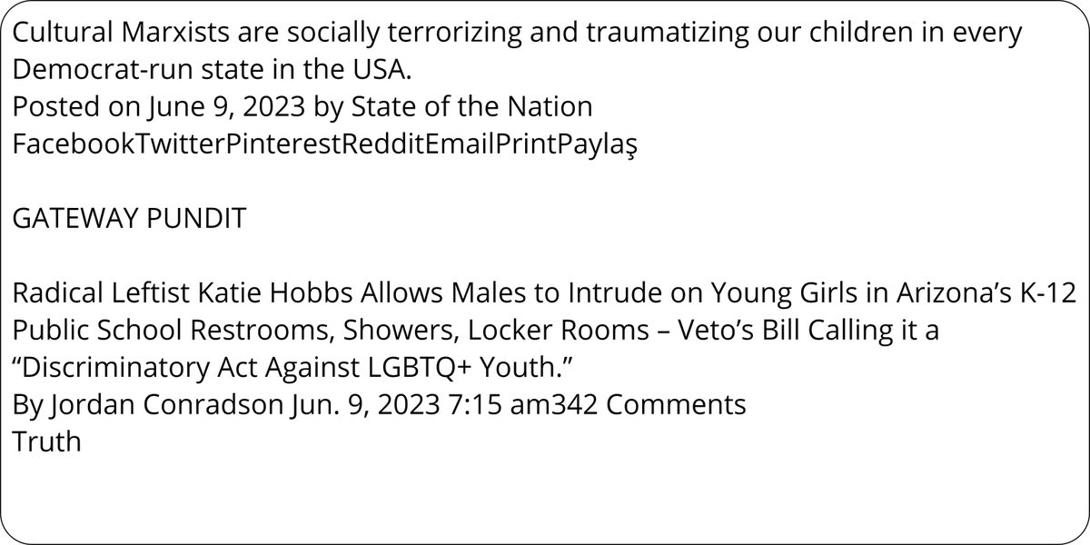 Amerka nereye gidiyoe !?!?
Marksit Arizona Valisi Kattie Hobbs, demokratların yönettiği eyaletlerde,çocuklarımızı korkutuyor.
Hobbs erkekler,kızlara ait tuvalet,soyunma odaları ve duşları kulllanmasına izin verilsin dedi.Yasağı, LGBT+'ya ayrımcılık  olduğu  iddiasıyla,veto etti.