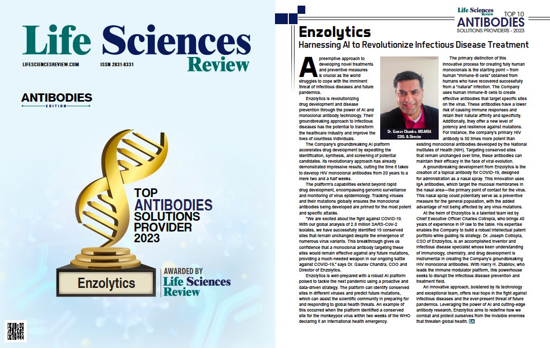 drgauravchandra's tweet photo. Life Science Review has acknowledged the Enzolytics team as one of the top companies for #monoclonal antibody solutions. This recognition is attributed to our unwavering dedication to utilizing advanced #AI technology to create effective treatments and diagnostic tools for infectious diseases. This recognition humbles us, and we will persistently work towards fulfilling our mission with unwavering confidence.
https://t.co/rrBc5X0kez