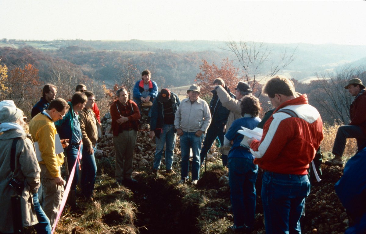 Classic photo of Jim Knox arm-waving about the evolution of the Driftless Area landscape, on a 1991 soil geomorphology field trip through WI and MN