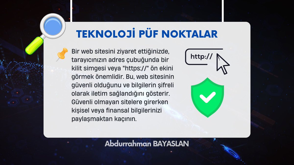 📌 Teknoloji Püf Noktaları #5

Web sitesi ziyaretlerinde güvenliği önemseyin. Kilit simgesi veya "https://" ön eki olan sitelere güvenin, kişisel veya finansal bilgilerinizi güvensiz sitelerde paylaşmaktan kaçının.
.
.
.
#teknoloji #tech #guvenlik #ssl #https #tarayici #website