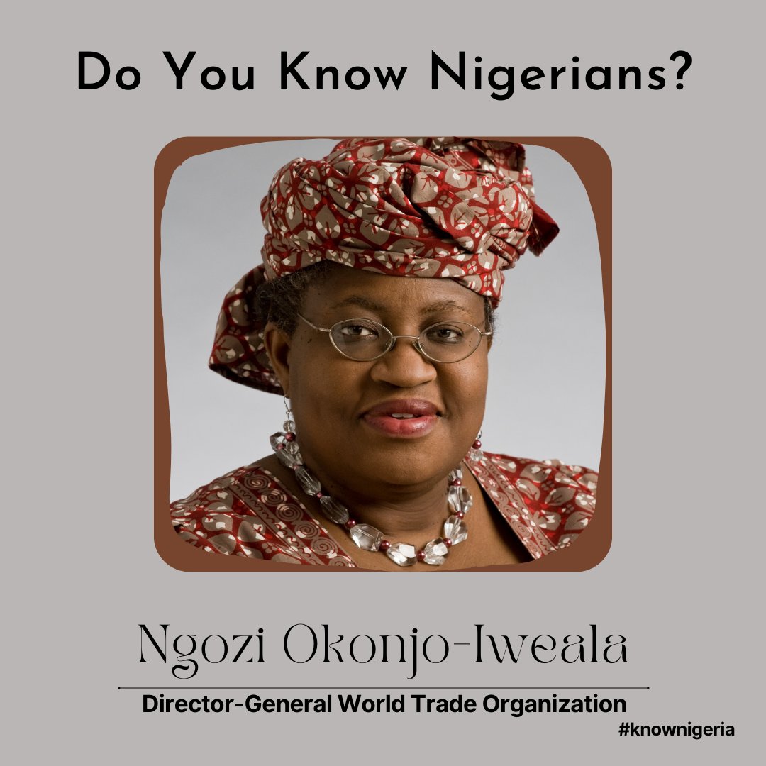 Ngozi Okonjo-Iweala is an economist and the first woman from Africa to become the Director-General of the World Trade Organization (WTO). She also served as Nigeria's Minister of Finance and Coordinating Minister for the Economy. 

#knownigeria #NgoziOkonjoIweala #HistoryMaker