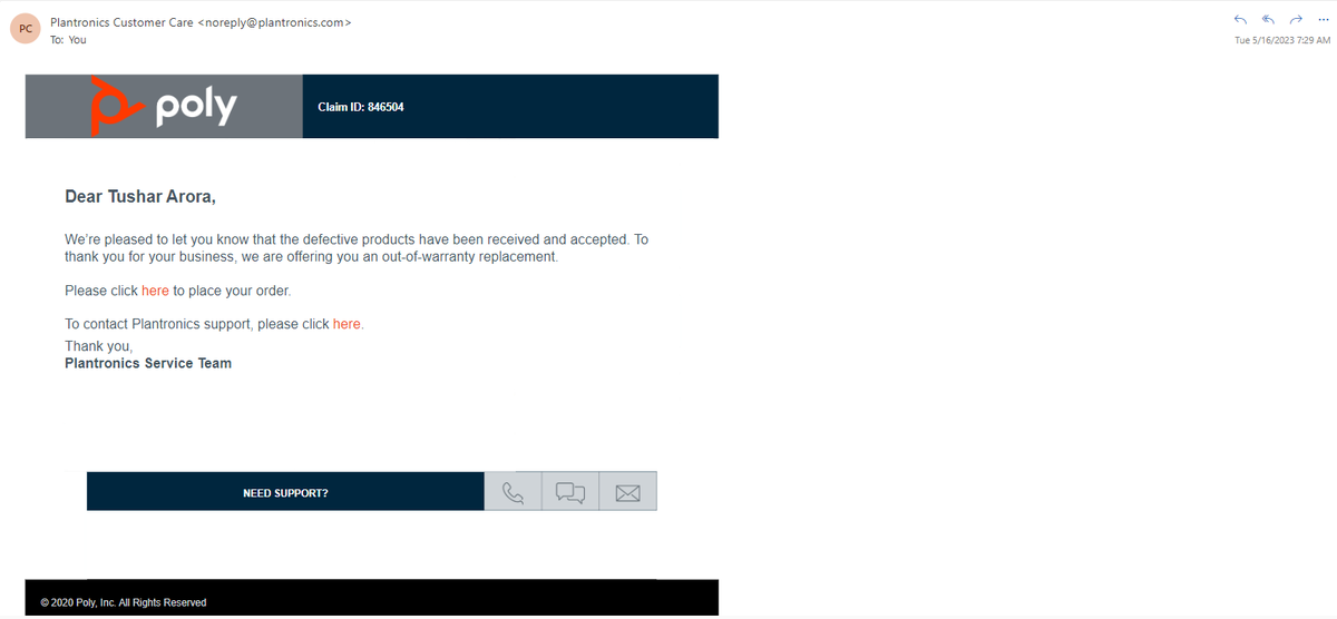 tushardeep's tweet photo. @Plantronics what's wrong with your support. I received an email with a link to order an out-of-warranty replacement. The link in the email never worked and now support is declining the replacement, saying it was never offered, even after providing the screenshot of the email??? https://t.co/oQT3eLAOjU