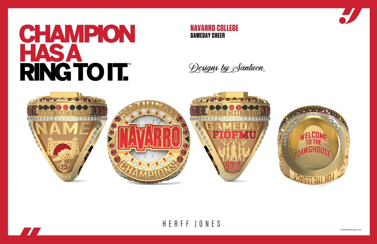 Welcome to the DAWGHOUSE! 

Congratulations @NavarroCollege @Navarro_Cheer GAMEDAY! 

2023 NCA COLLEGIATE NATIONAL CHAMPIONS! 

#DBSchamprings #designsbysantwon #hjchamprings #herffjones #championshiprings #champrings  #nationalchampions