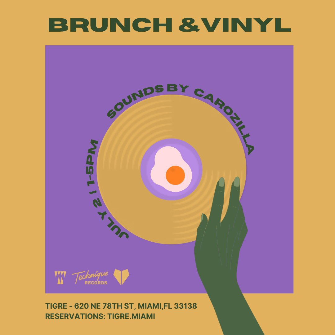 car0zilla's tweet image. 📍Sunday July 2nd, 1pm - 5pm
join us at Tigre for Vinyl &amp;amp; Brunch. 🍳 

🎶 Sounds by me while you eat and drink. Excited to play in a beautiful location with delicious food 🤌🏼  

RSVP at tigre.miami

Stop by @techniquerecs after and receive 15% off with Tigre receipt.