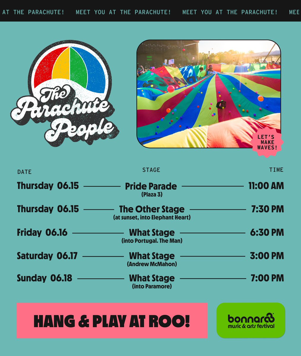 Bonnaroo (@bonnaroo) on Twitter photo peep <a href="/TheParachutePpl/">The Parachute People ππͺπ€πΌ</a> schedule for next weekend!! π #Bonnaroo peep <a href="/TheParachutePpl/">The Parachute People ππͺπ€πΌ</a> schedule for next weekend!! π #Bonnaroo
