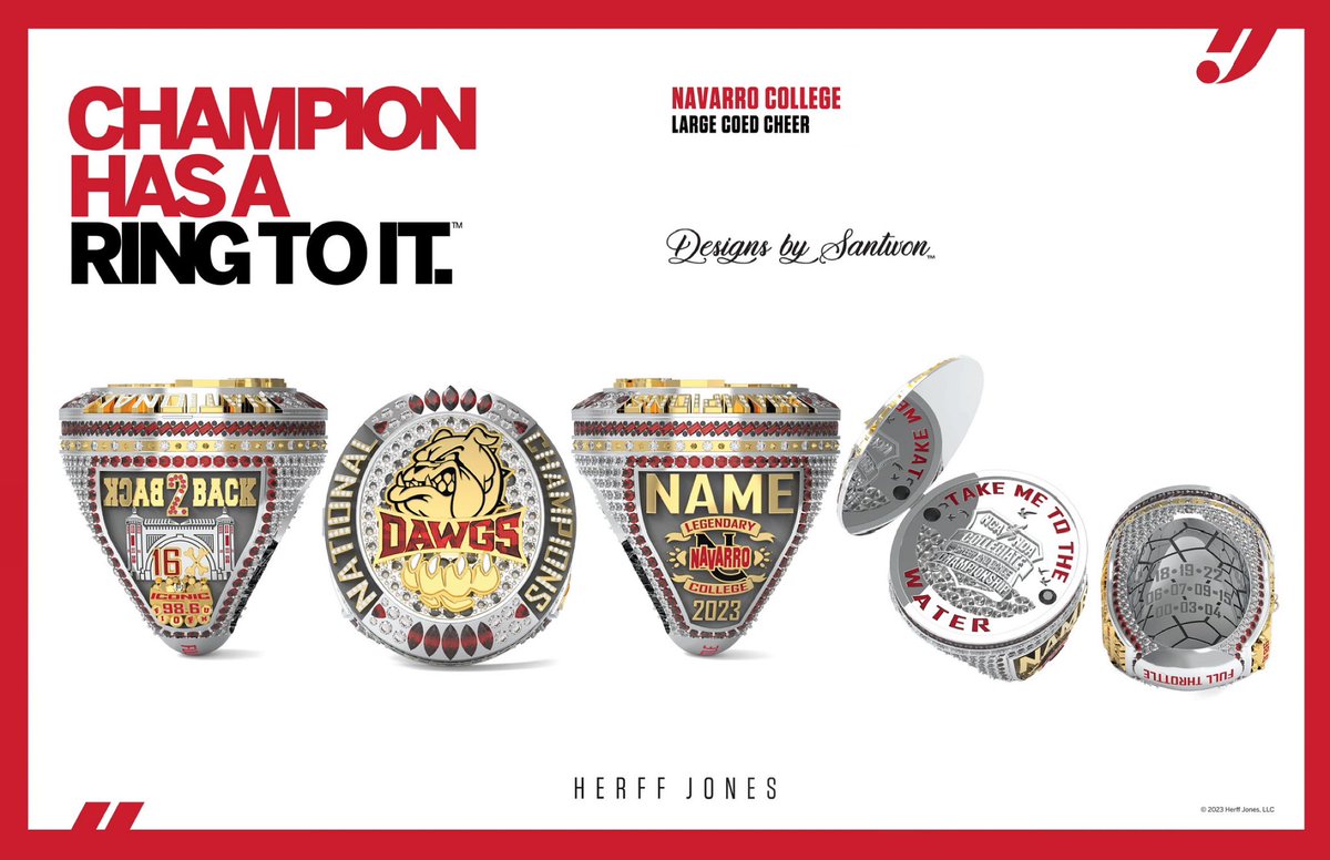 TAKE ME TO THE WATER! 

Congratulations @navarrocollege @Navarro_Cheer LARGE COED! 

2023 & 16X NCA COLLEGIATE NATIONAL CHAMPIONS! 

#DBSchamprings #designsbysantwon #hjchamprings #herffjones #championshiprings #champrings  #nationalchampions