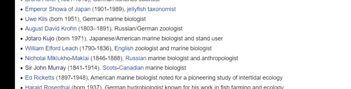 I still find it funny that from 2012 Jotaro would be added and removed from the Wikipedia’s list of marine biologists 😭 like they ended up having to make a separate note to tell us to stfu 🤦‍♀️