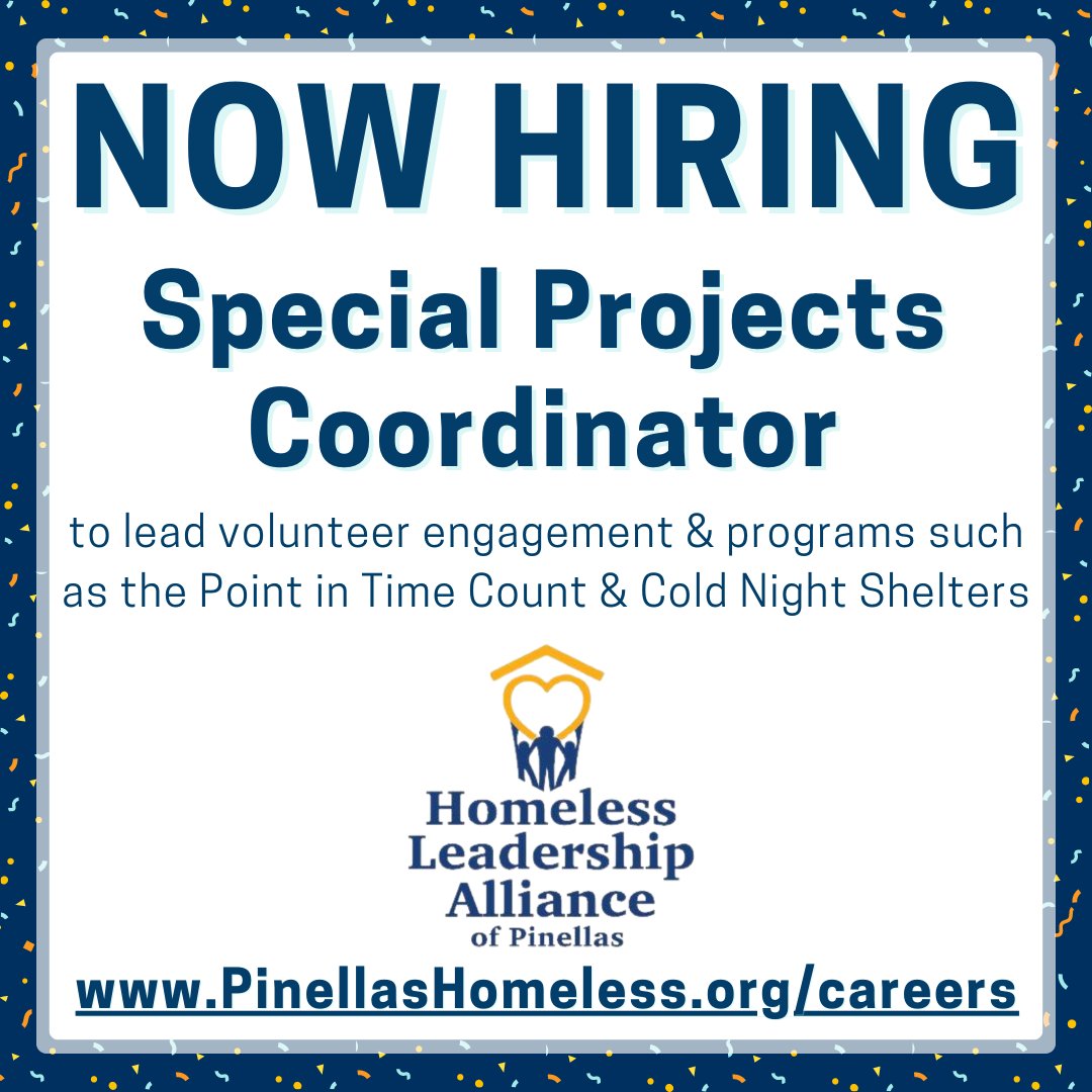 The HLA is #NowHiring a Special Projects Coordinator to:
🧡Supervise volunteer & community engagement
💛Manage the Pinellas Cold Night Shelter Program
💙Lead the annual Point in Time Count  (PIT)
📲Learn more: PinellasHomeless.org/careers

#EndingHomelessnessTogether #ContinuumOfCare