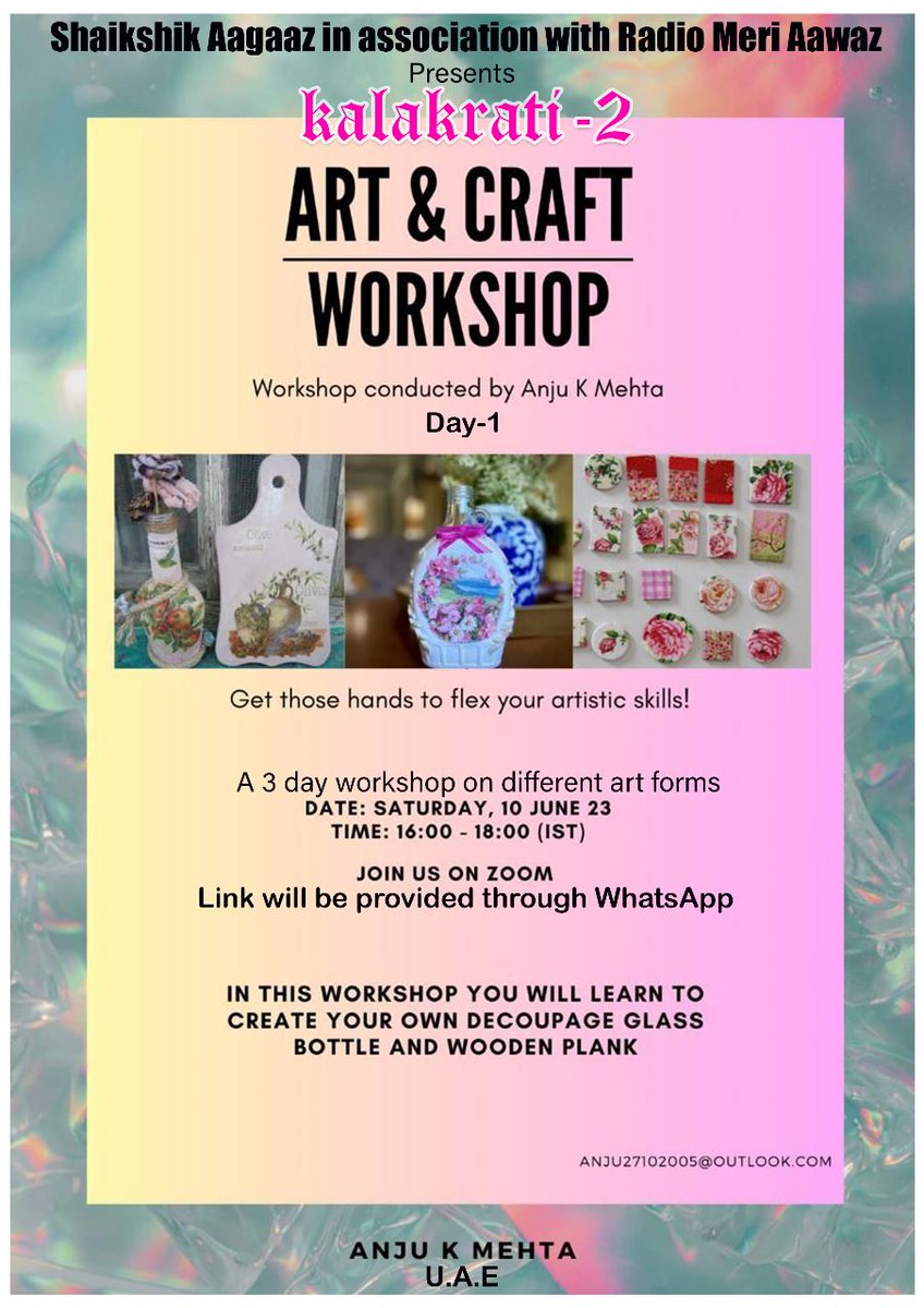 #कलाकृति-2
A three day workshop on different art forms(for teachers n students of @Shaikshik Aagaaz)
Day 1
#Mentor_Anju_Mehta
Sharjaha UAE
#Dated_10th_June_23
#Time_4PM
Join Zoom Meeting
us04web.zoom.us/j/75666049417?…

Meeting ID: 756 6604 9417
Passcode: Qv8tMM