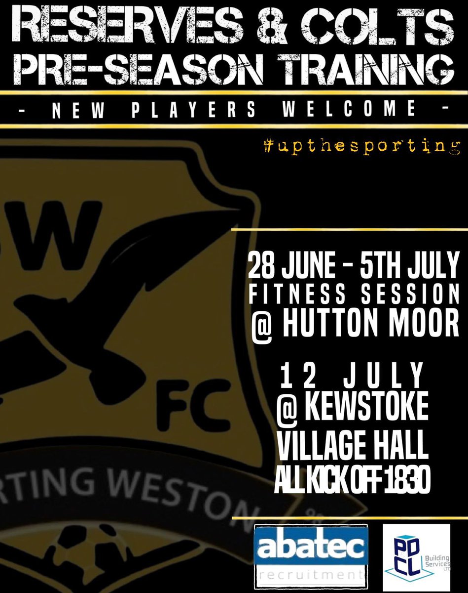 Sporting Weston F.C. (@sporting_50) on Twitter photo Pre-season for our 3 adult male sides in the <a href="/somersetcfl/">Somerset County FL</a> & <a href="/FL_Weston/">FL Weston & District</a> commences:
🗓️| Wednesday 28 June
🕡| 6:30pm
⚫️New players welcome🟡
📲| Contact for further info Pre-season for our 3 adult male sides in the <a href="/somersetcfl/">Somerset County FL</a> & <a href="/FL_Weston/">FL Weston & District</a> commences:
🗓️| Wednesday 28 June
🕡| 6:30pm
⚫️New players welcome🟡
📲| Contact for further info