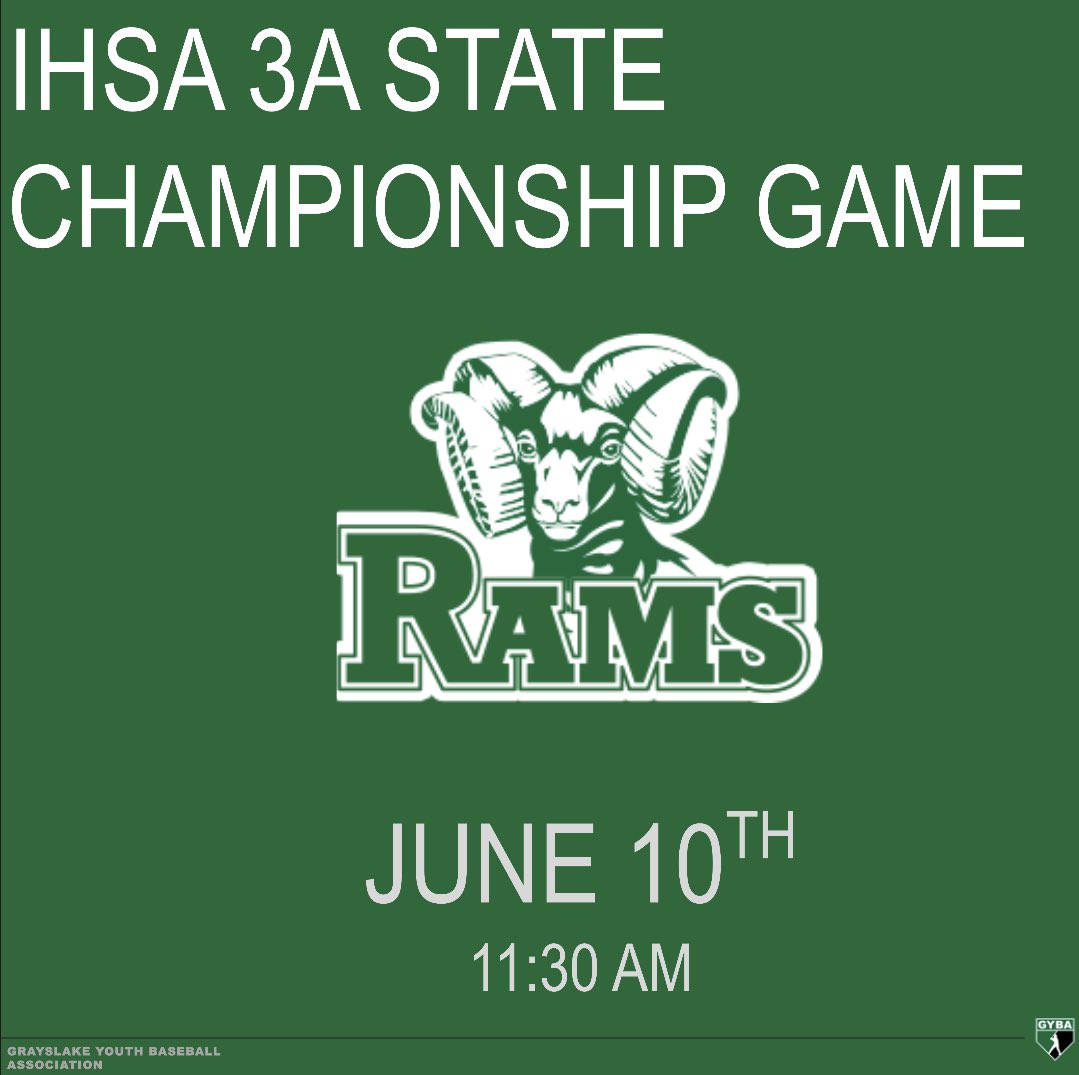 A big congratulations to the Grayslake Central Rams baseball team for winning the IHSA semi final game! To support our Grayslake Baseball community we are canceling all GYBA games/activities tomorrow, Saturday, June 10th to allow families to attend the championship game! Go Rams!