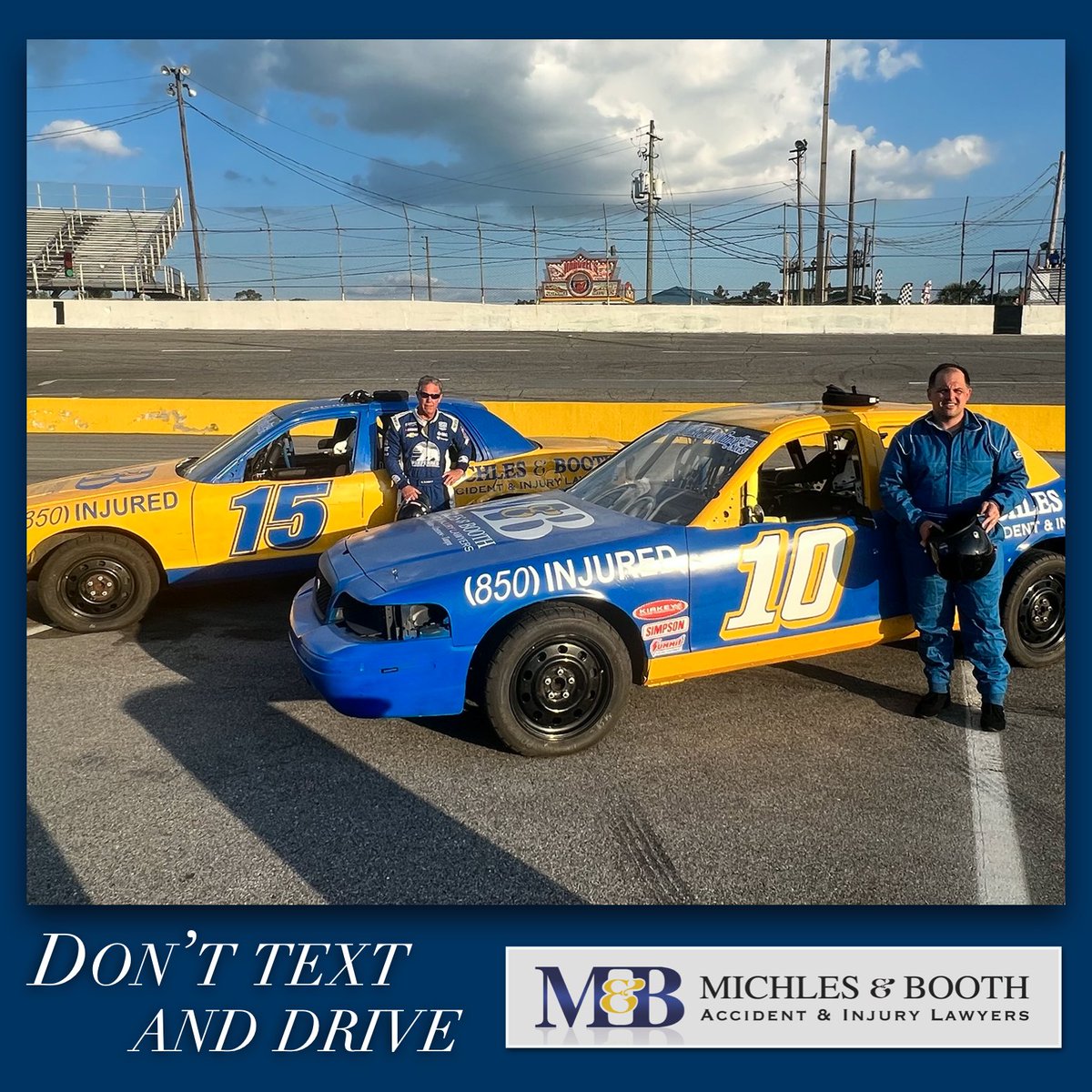 MichlesBoothPA's tweet photo. Do you ever wonder how competitive your lawyer is?

At Michles &amp; Booth you don’t have to. M&amp;B attorneys Marcus Michles and Adrian Bridges are spreading the message of “don’t text and drive” by racing in Five Flags Speedway’s new Crown Stocks Series. https://t.co/VomFMk7gvQ