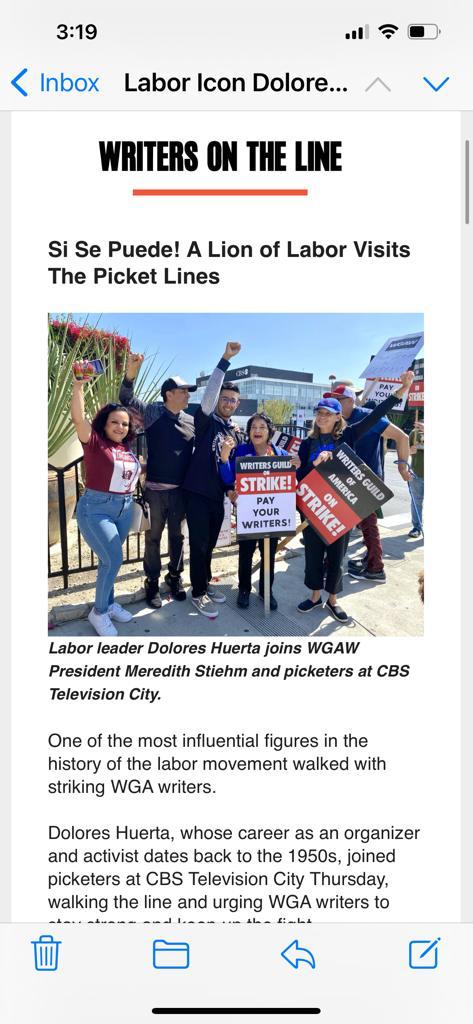Labor legend <a href="/DoloresHuerta/">Dolores Huerta</a> joins <a href="/WGAWest/">Writers Guild of America West</a> picket! Fun Fact: We named our middle school after her in Ultra Violet &amp; Black Scorpion. Sí Se Pueda! #wgastrike #Solidarity #wgastrong