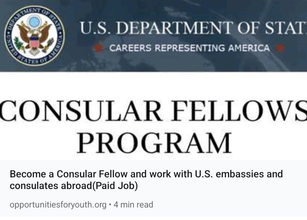 Join the Consular Fellows Program and work with U.S. embassies and consulates abroad. 

This paid job opportunity. Learn more and apply here: [Link: bit.ly/3mD81yV] 

#ConsularFellows #JobOpportunity #USEmbassy #USConsulate #NationalSecurity #Hiring #CareerGrowth #hiring