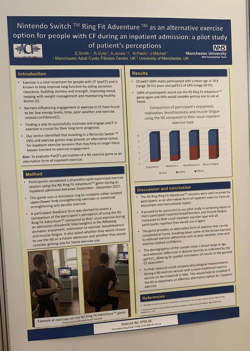 EmilySmithCF's tweet photo. Alternative exercise options to help motivate people with CF. My pilot study presented at European Cystic Fibrosis Conference today #ECFS2023 @NintendoUK #cysticfibrosis https://t.co/4IB3IBbMPg